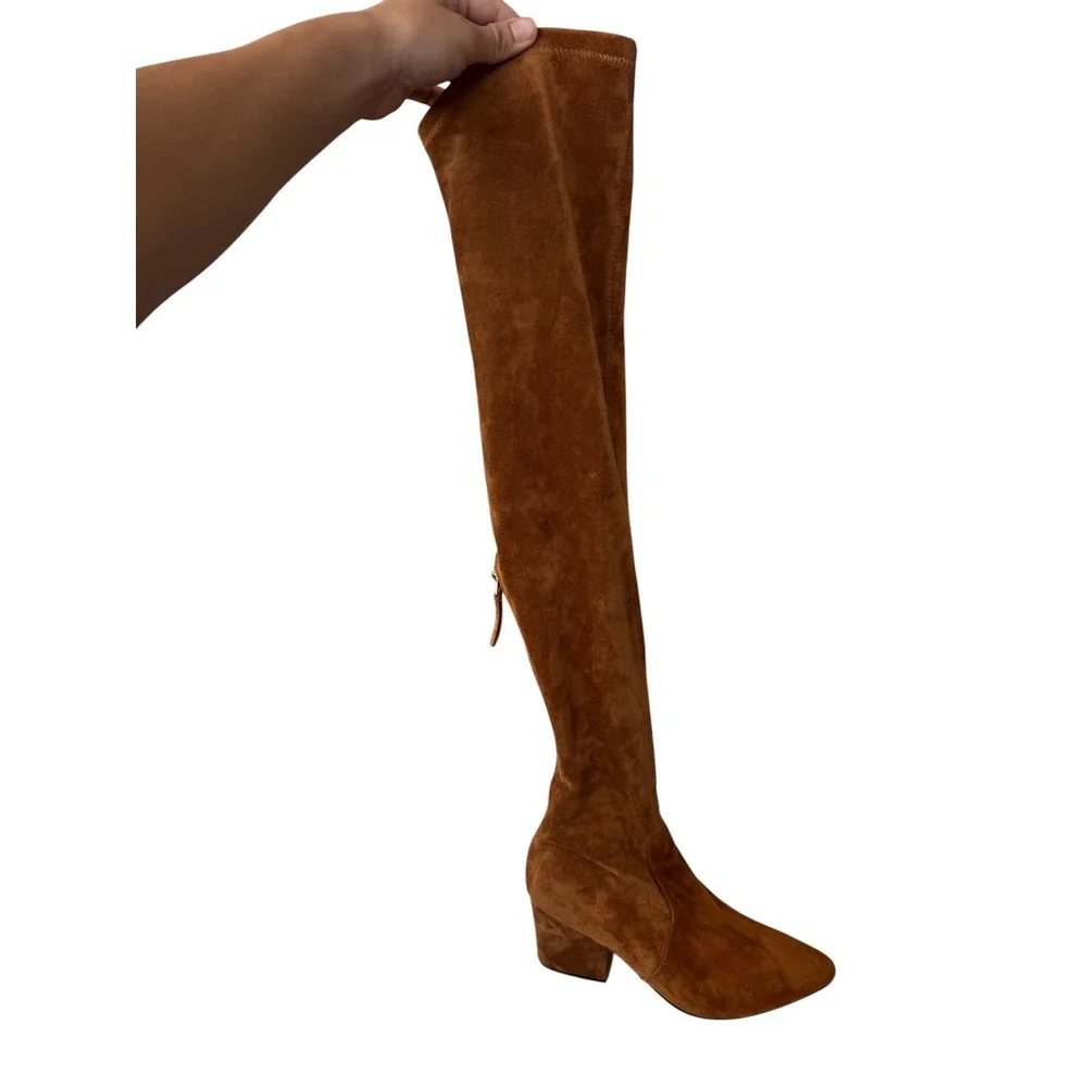 Vero Cuoio Cognac Brown Faux Suede Over The Knee Block Heel Boots Pointed Toe